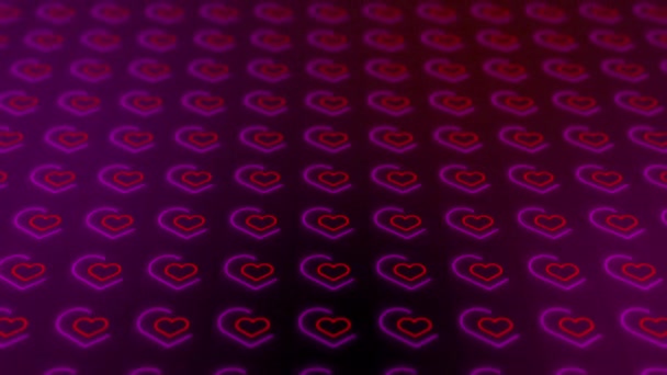 Looped Background Red Neon Hearts Repeating Moving Wedding Pattern Dark — Video Stock