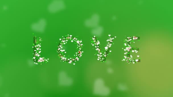 Animation Particles Hearts Inscription Green Background Lettering Love Circling Blurry — Vídeo de Stock
