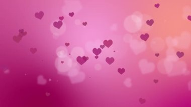 Bokeh ve kalp şekilleri olan bulanık bir arka plan. Pembe ve kırmızı renklerde romantik bir düğün..
