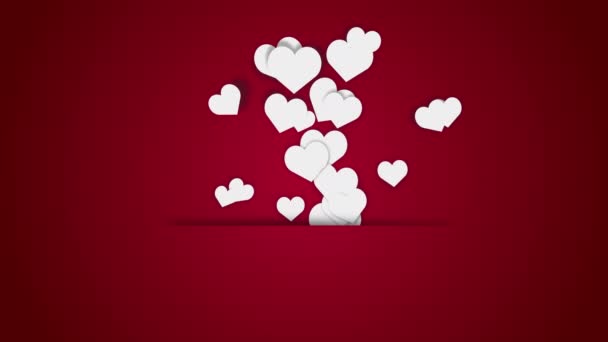 Red Background Flying White Hearts Blank Empty Copy Space Text — Vídeos de Stock