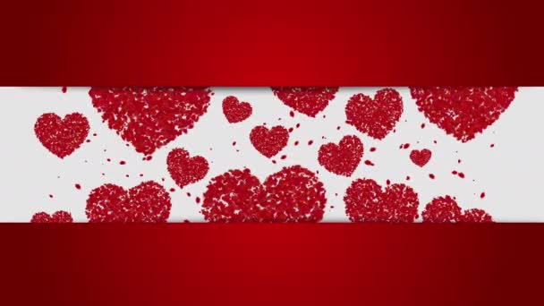 Beyaz Arka Planda Aşk Kalpleri Parçacıkları Mesajlar Için Kırmızı Kurdeleler — Stok video