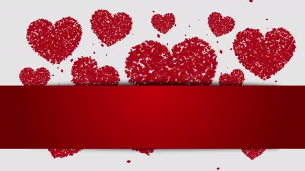 Red Ribbon Empty Copy Space Text Hearts Particles White Background — Wideo stockowe