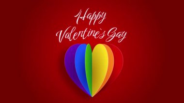 Happy valentines day gay. Rainbow paper heart symbol of lgbt pride on red background. Animated holiday card.