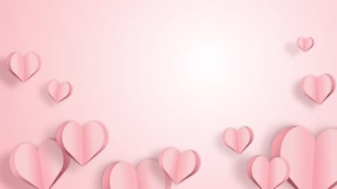 Pembe arka planda kalp şeklinde kağıt elementler uçuşuyor. Mutlu Kadınlar, Anneler Günü, Sevgililer Günü, doğum günü tebrik kartı tasarımı için aşk sembolleri..