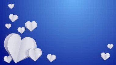 Flying paper elements of the shape of a heart on a blue background. Symbols of love for Happy Women's, Mother's, Valentine's Day, birthday greeting card