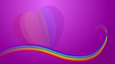 Colorful wavy ribbon of lgbt community. Animation of a love symbol heart on a purple background. Paper heart of rainbow colors.