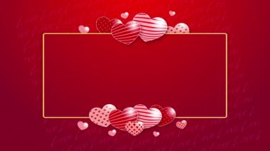 Romantik tebrik kartı şablonu. Kırmızı arka planda aşk kalplerinin hareketli şekilleri. Metin için boş boşluk.