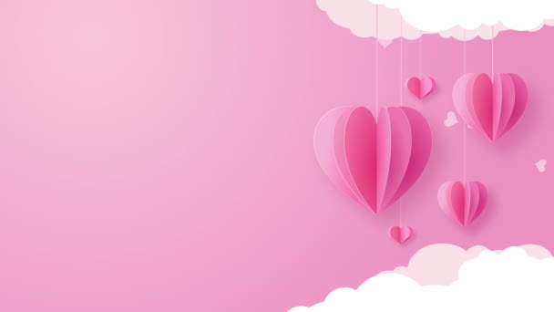 ピンクの背景に紙の心と雲とお祭りのバナーの装飾 テキスト用の空のスペース 恋愛アニメ — ストック動画
