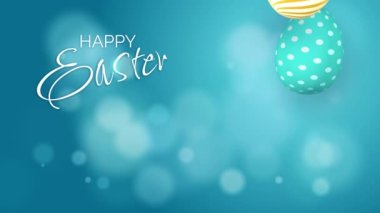 Colored Easter eggs with patterns fall down. Blue background with bokeh and the inscription Happy Easter. Template with empty space for text.