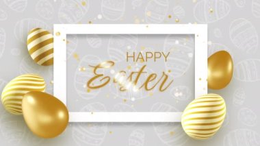 Happy Easter greetings in a rectangular frame. Golden Easter eggs with a pattern on white background with shiny particles. Video motion graphic animation.