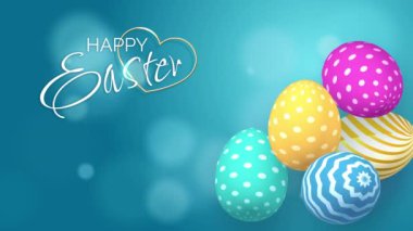 Happy Easter inscription on blue background with bokeh. Festive Easter colored eggs with patterns. Video motion graphic animation.