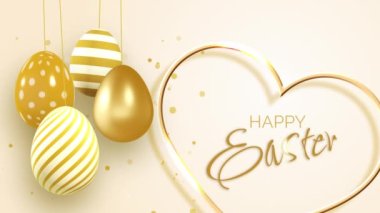 Happy Easter greeting in the shape of a heart. Golden Easter eggs with a pattern on a yellow background with shiny particles. Video motion graphic animation.