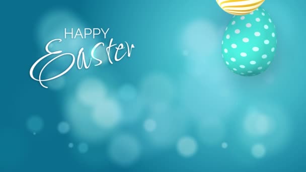 Colored Easter Eggs Patterns Fall Blue Background Bokeh Inscription Happy — Stockvideo