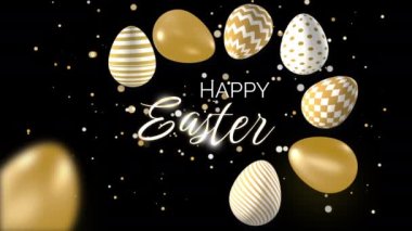 Golden easter eggs with ornament on black background with shiny confetti. Happy Easter lettering. 3D animated festive spring looping screensaver.