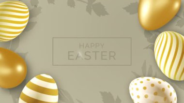 Happy Easter background. Golden Easter eggs with texture and decor. Realistic looped 3D animation. Spring religious screensaver.