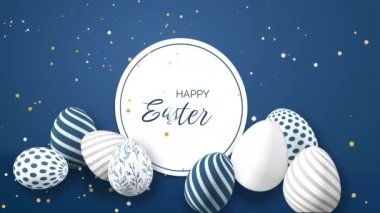 Easter eggs with festive patterns on a blue background with falling shiny yellow confetti. Sign with the inscription Happy Easter. 3D animation.