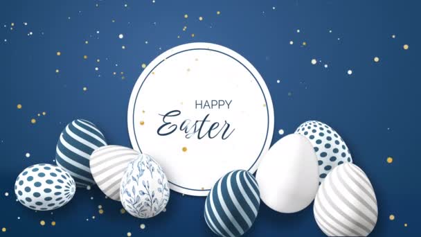 Easter Eggs Festive Patterns Blue Background Falling Shiny Yellow Confetti — Vídeos de Stock