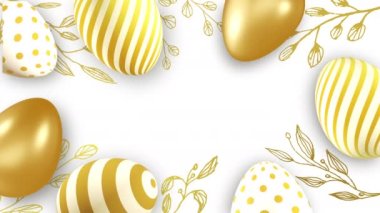 Set of Easter eggs with different texture on a white background plant ornament. Happy Easter background. Realistic looped 3D animation.