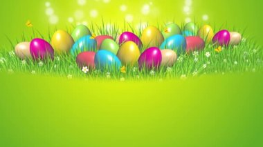 Colorful painted Easter eggs on green grass with flowers and butterflies. Green spring animated background with empty space for text. Loop video.