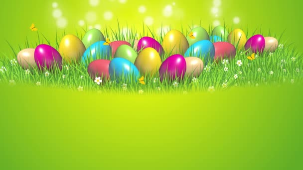 Yeşil Çimlerin Üzerinde Çiçekli Kelebekli Renkli Paskalya Yumurtaları Metin Için — Stok video