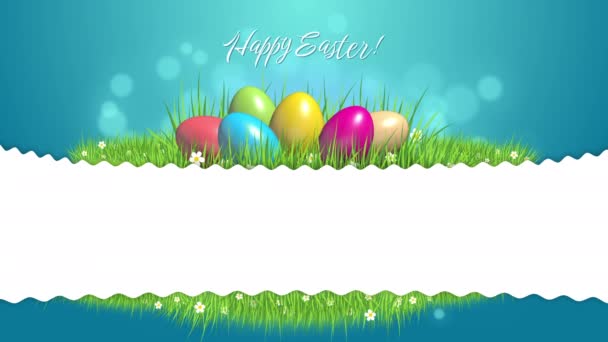 Green Meadow Colored Easter Eggs Blue Background Bokeh White Empty — Stok Video