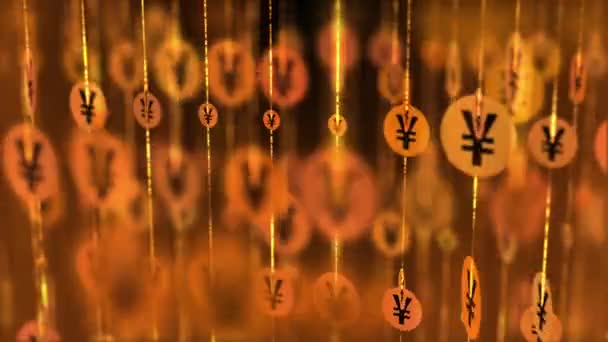 Японские Деньги Подписывают Иены Золотые Монеты Вращаются Нитях Аннотация Анимированного — стоковое видео