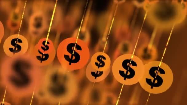 Geelgouden Munten Met Internationaal Dollarsymbool Draaiend Geanimeerde Wazige Achtergrond — Stockvideo