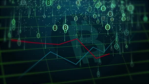 Omvallen Groene Bitcoin Symbolen Achtergrond Van Geanimeerde Voorraad Grafieken Abstract — Stockvideo