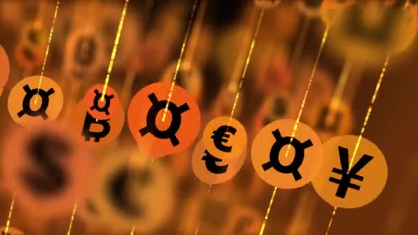 Moedas Ouro Com Símbolos Unidades Monetárias Mundiais Girando Fios Finos — Vídeo de Stock