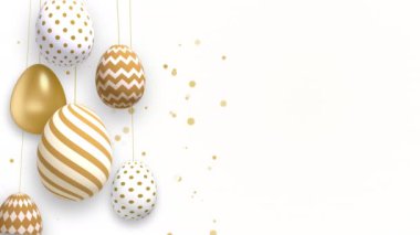 Golden Easter eggs spin on thin threads. Shiny gold particles on a white background. Looped Christian holiday animation with blank space for text.