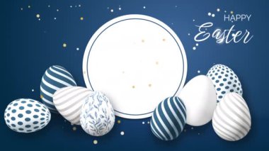 Easter eggs with festive patterns on blue background with falling shiny yellow confetti. Sign with the inscription Happy Easter. 3D animation.