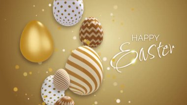 A swirl of Easter golden eggs with patterns. Yellow animated background with shiny particles. Happy Easter. Loop video.
