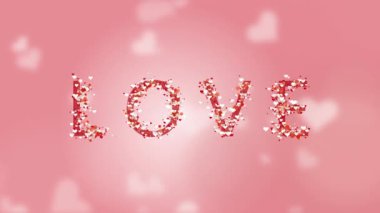 Lettering love. Animation of particles and hearts around the inscription on pink background. Circling blurry hearts.