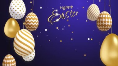 Blue night background with golden Easter eggs on strings swaying in wind. looped spring 3D animation. Empty copy space for text. Happy Easter.