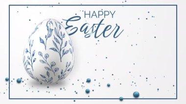 White background with realistic 3D models of Easter egg with painted patterns. Looped spring animation with falling blue balls and confetti. Happy Easter.