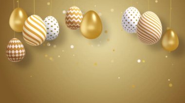 Golden Easter eggs with patterns hang on strings. Shiny gold particles on a yellow background. Looped Christian holiday animation with blank space for text.