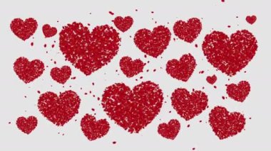 Abstract animation of flying hearts and small particles on white background. Romantic love pattern.