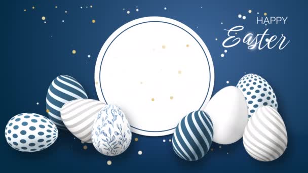 Easter Eggs Festive Patterns Blue Background Falling Shiny Yellow Confetti — Stockvideo