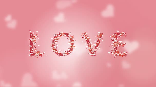 Lettering Love Animation Particles Hearts Inscription Pink Background Circling Blurry — Vídeos de Stock