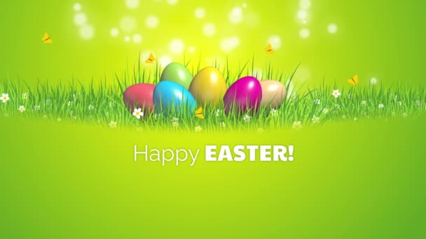 Colorful Painted Easter Eggs Green Grass Flowers Butterflies Green Spring — Stockvideo