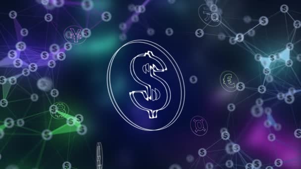 回転ドル記号を持つ透明なコイン 世界の通貨の要素やアイコンと抽象的な青の背景をアニメーションプレキシスライン — ストック動画