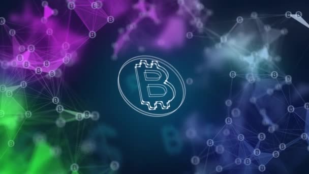 Transparentes Bitcoin Symbol Auf Blauem Hintergrund Mit Linien Und Symbolen — Stockvideo