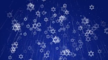 White Stars of David rotate and fly down on a blue background. Animation with state symbols of Israel. Jewish traditional signs.