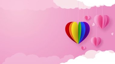Pembe zemin üzerinde LGBT topluluğunun sembolü olarak gökkuşağı renginde kalp şekli ve metin için boş alan. Romantik aşk animasyonu.