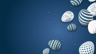 Mavi desenli 3 boyutlu Paskalya yumurtası grubu. Metin için arkaplanda boşluk var. Döngülü tatil bahar animasyonu.