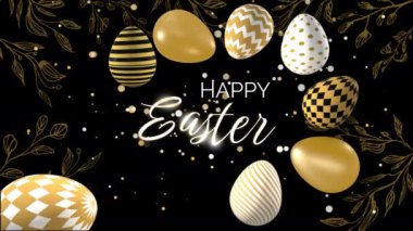 Siyah arkaplanlı parlak konfetiyle altın paskalya yumurtaları. Üç boyutlu canlandırmalı bahar döngüsü videosu. Mutlu Paskalyalar.
