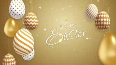 İplerde desenleri olan altın Paskalya yumurtaları. Sarı arka planda parlak altın parçacıkları. Hristiyan bayram animasyonu Mutlu Paskalyalar.