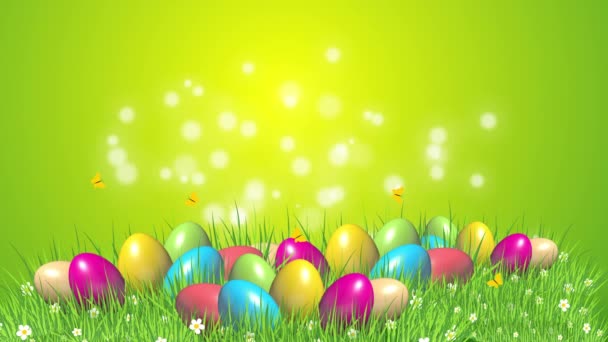 Paskalya Yumurtalı Yeşil Çimen Bulanık Bokeh Kelebeklerle Dolu Animasyon Arka — Stok video