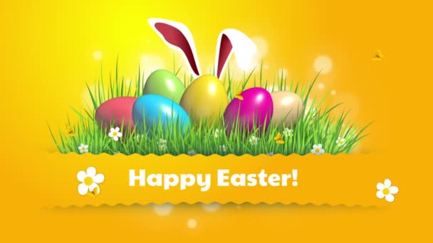 Królik Jajkami Wielkanocnymi Zielonej Trawie Żółte Świąteczne Animowane Tło Kwiatami — Wideo stockowe