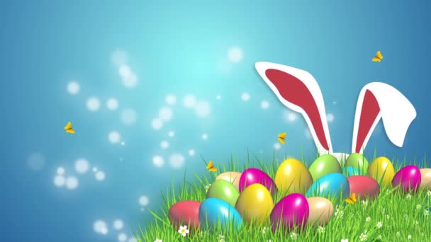 Yeşil Çimenler Tavşan Kulaklarıyla Paskalya Yumurtası Renginde Neşeli Bir Animasyon — Stok video